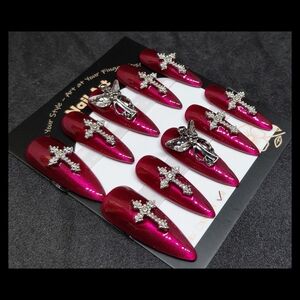 Red Handmade Gel Press-On Nails with Cross Design